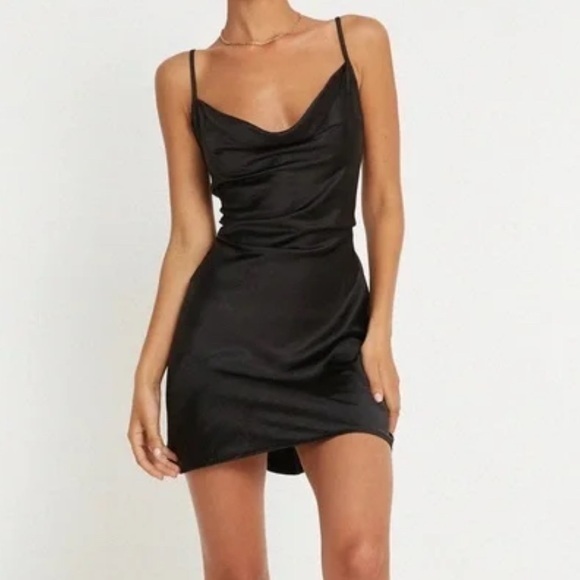 Motel Dresses & Skirts - Motel Black Cowl Neck Satin Slip Mini Dress with Tie Back